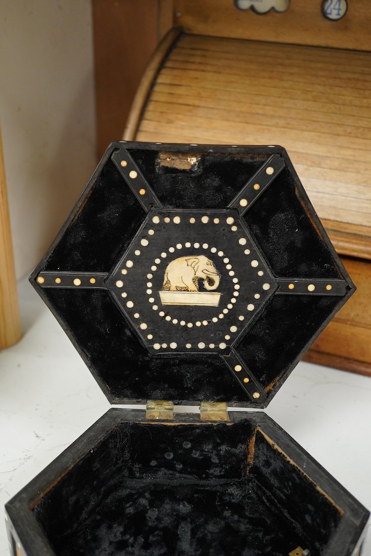 A late 19th century Ceylonese hexagonal quill box with bone inlay, 21cm wide